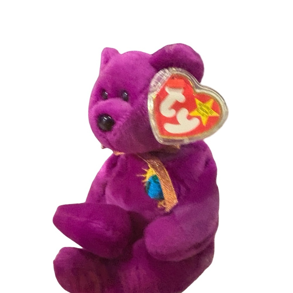 1999 TY Beanie Baby Millennium purple bear gold ribbon Earth/“2000” chest patch - Picture 3 of 11